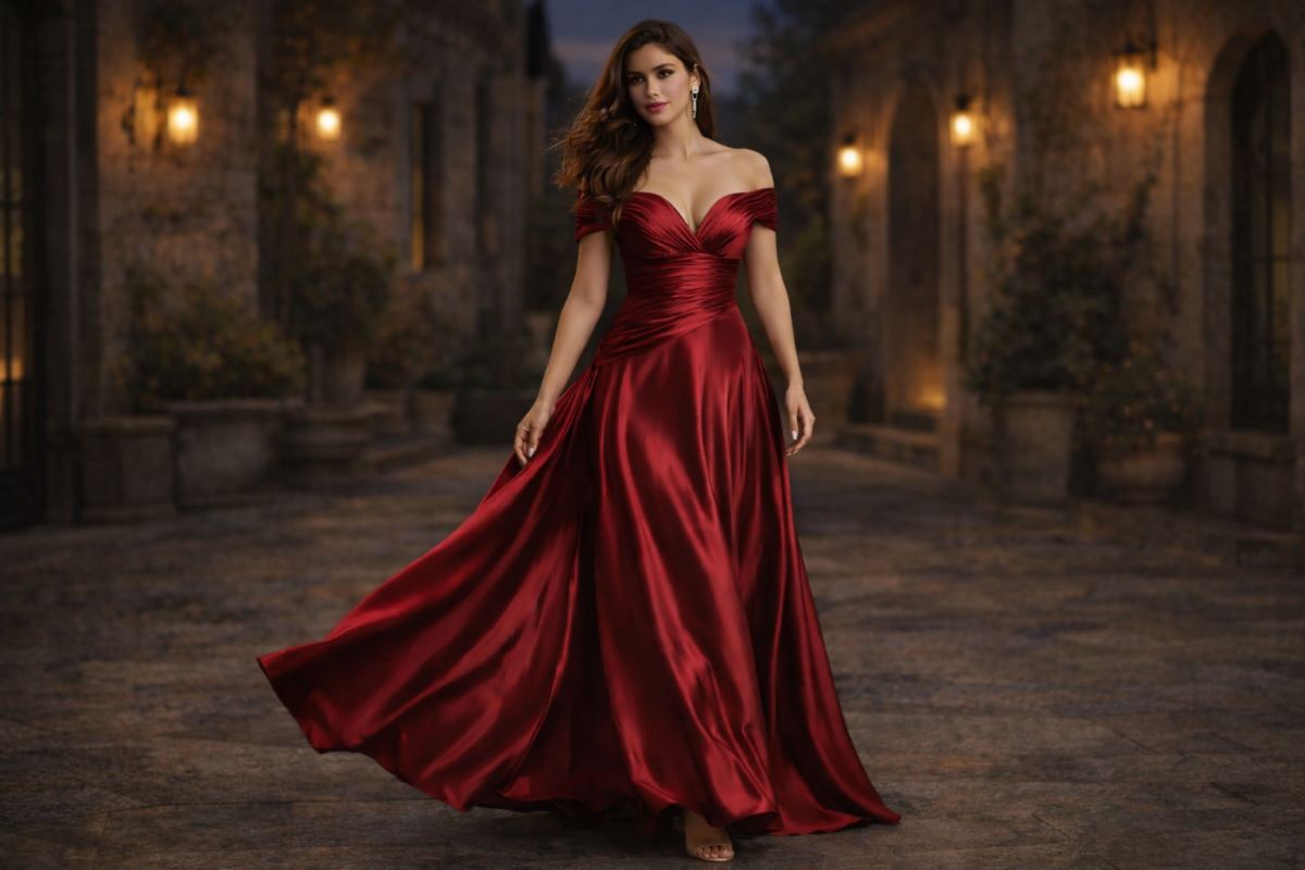 Flowing satin evening gown with soft drape