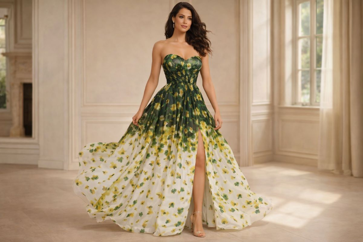 Strapless chiffon evening gown with flowing skirt and soft fabric movement