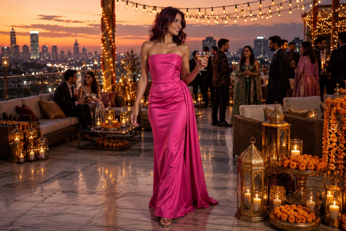 Fuchsia evening gown at modern Diwali party