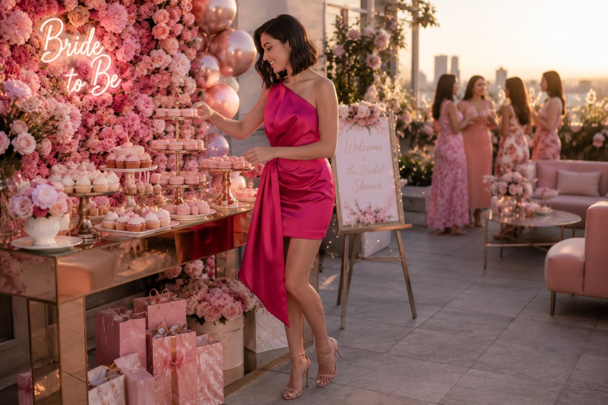 Fuchsia satin bridal shower party dress