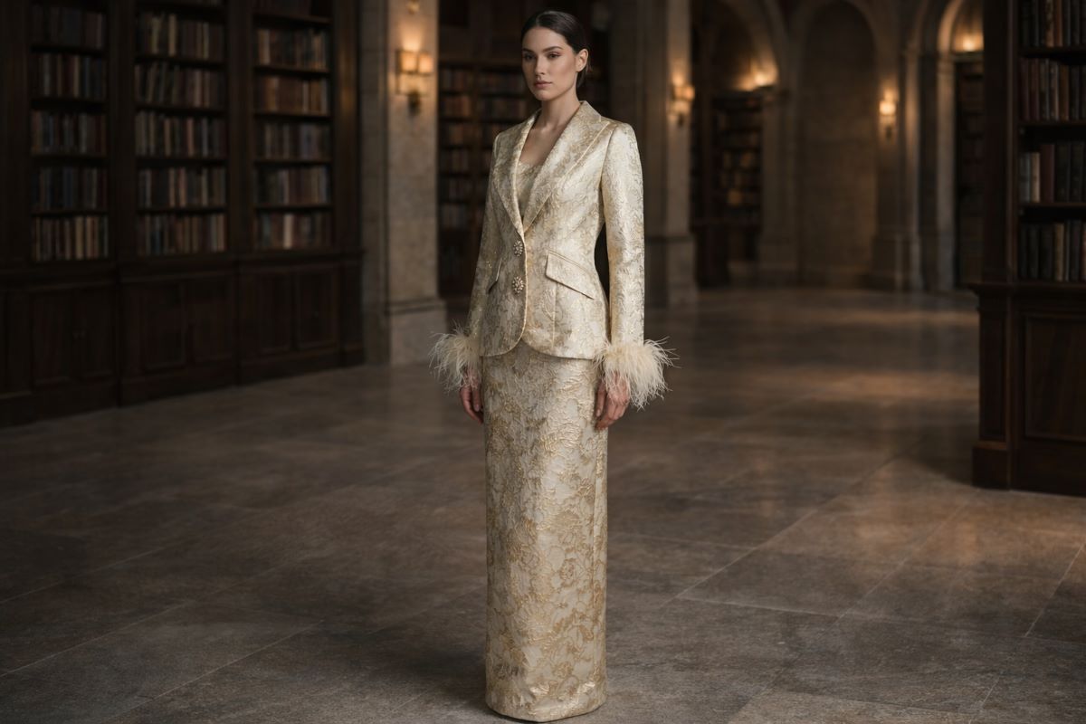 Gold brocade tailored jacket and column skirt