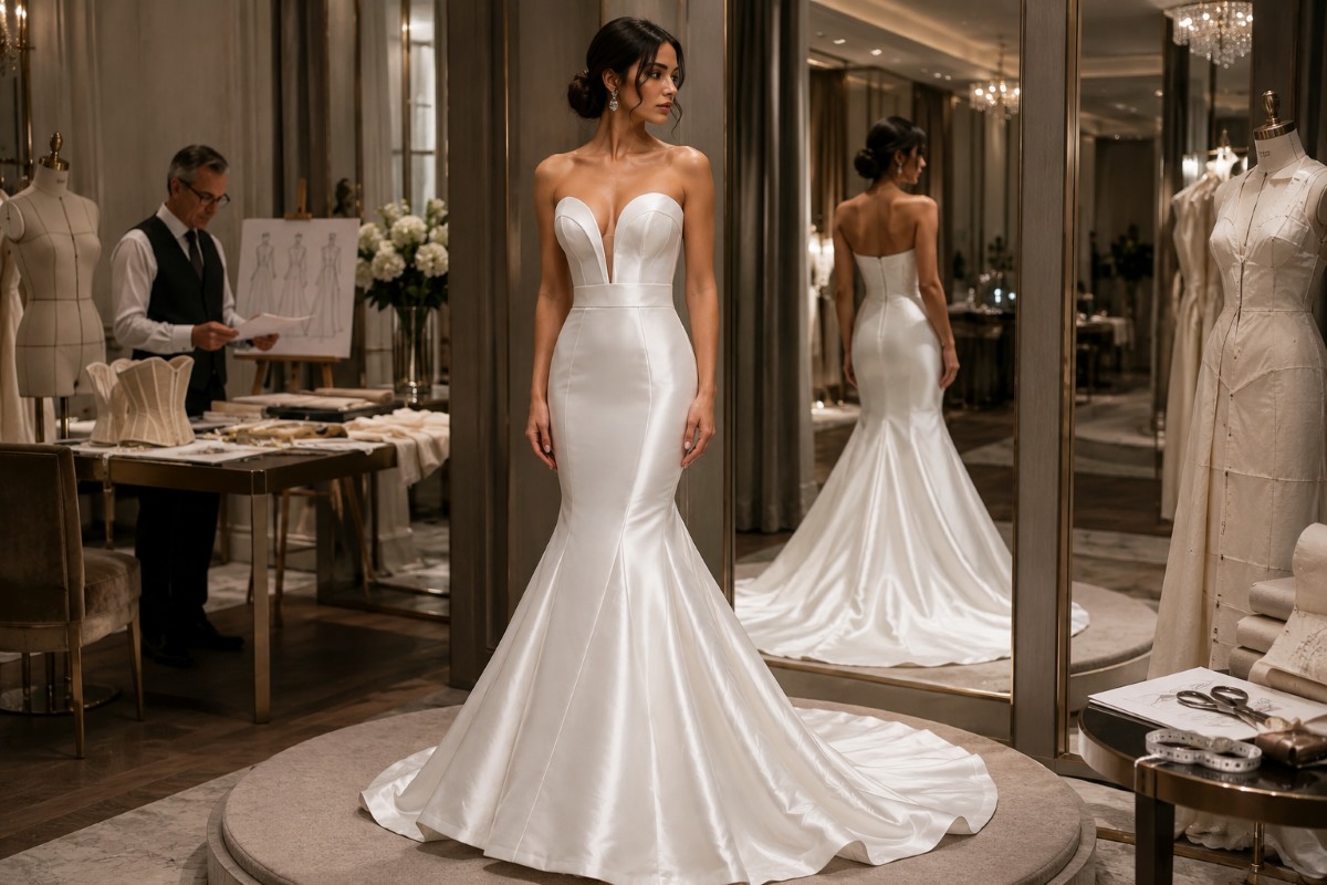 Structured ivory mermaid gown fitting session