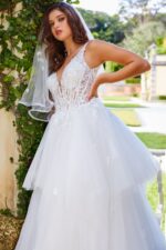 Close-up of Jovani jb09393 front lace detail and V-neckline on white gown
