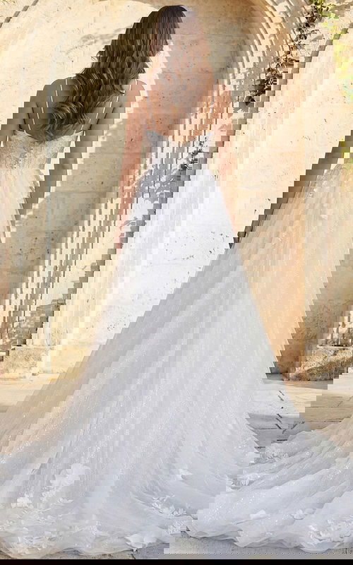 Back view of floral appliqué tulle bridal gown with thin straps and long flowing train