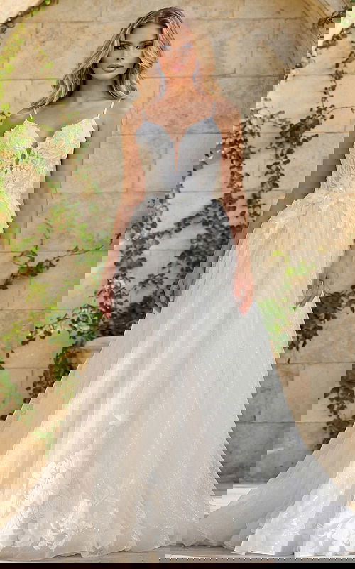 Front view of A line tulle bridal gown with deep V neckline and 3D floral details