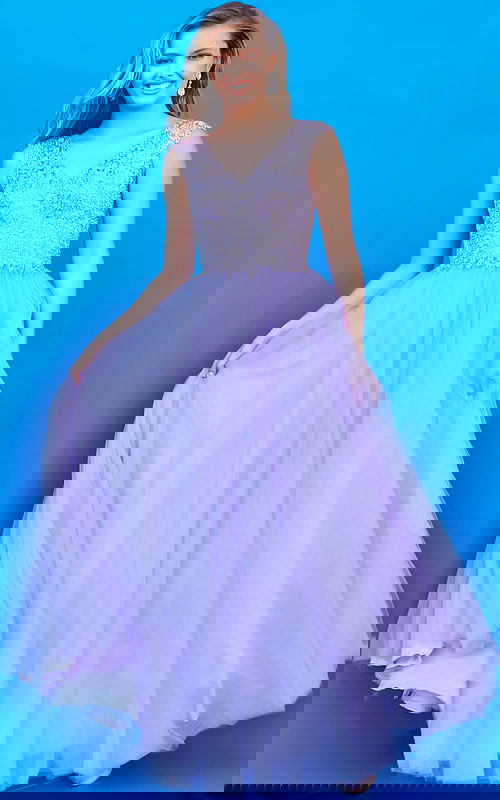 Model wearing K06822 lilac gown with V-neckline and floral lace details in front view.