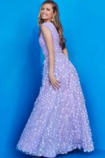 Back view of model wearing Jovani K07245 lilac gown with intricate floral appliqués.