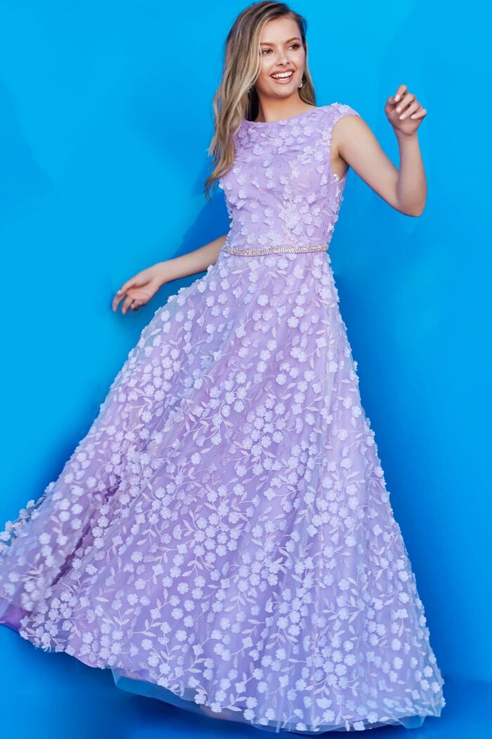 Model twirling in Jovani K07245 lilac floor-length gown with floral embellishments.