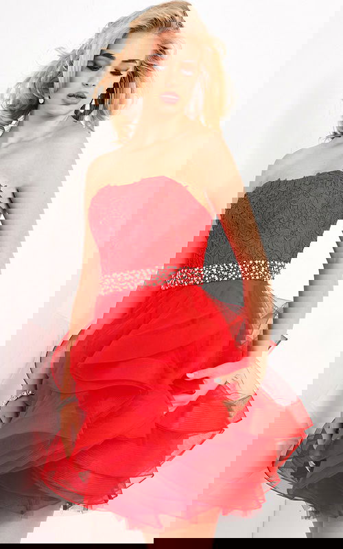 model wearing Jovani k3099 red dress with lace bodice and beaded belt back view