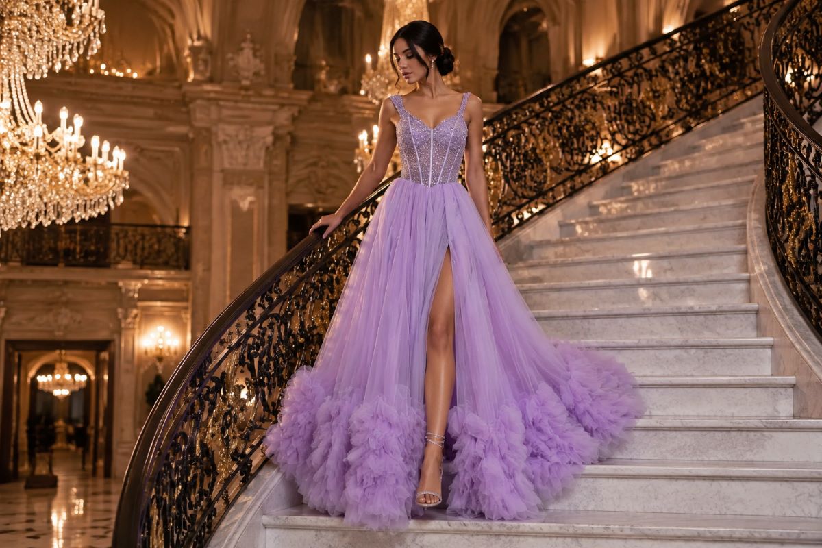 Lavender tiered prom gown descending grand staircase