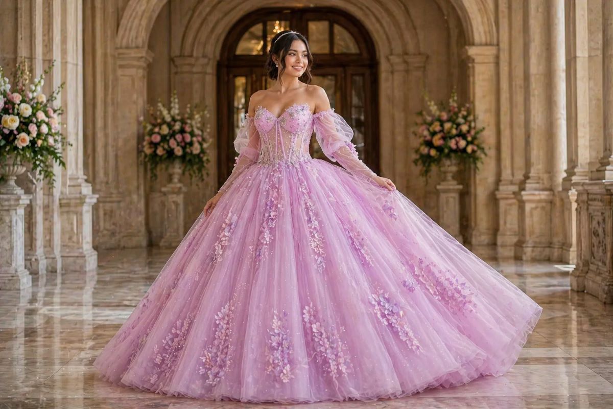light pink quinceaƱera ball gown with tulle skirt and floral appliquƩ
