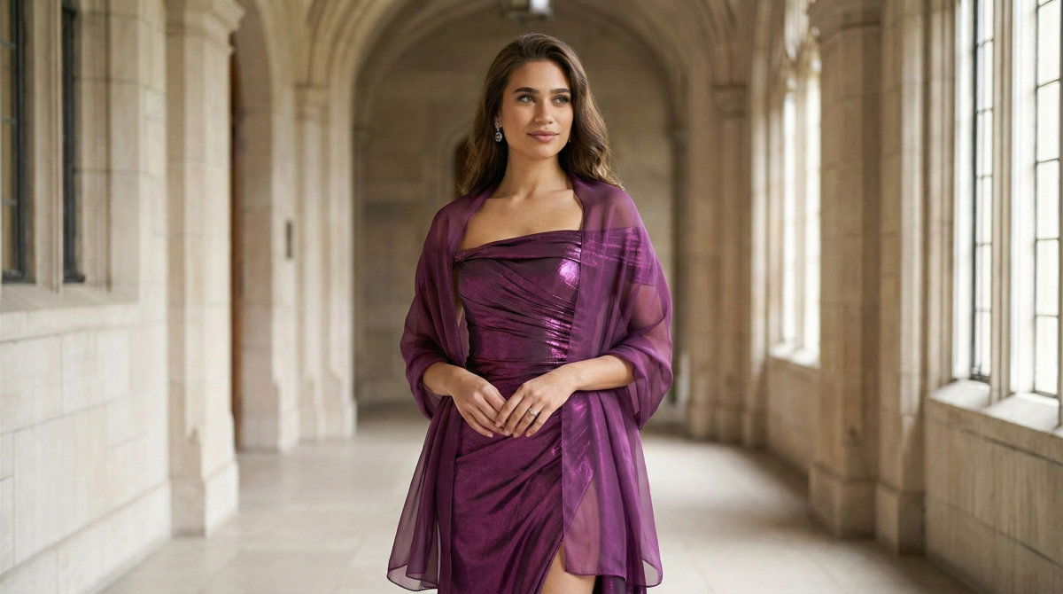 Modest option: Purple mother of the bride gown with matching bolero jacket.