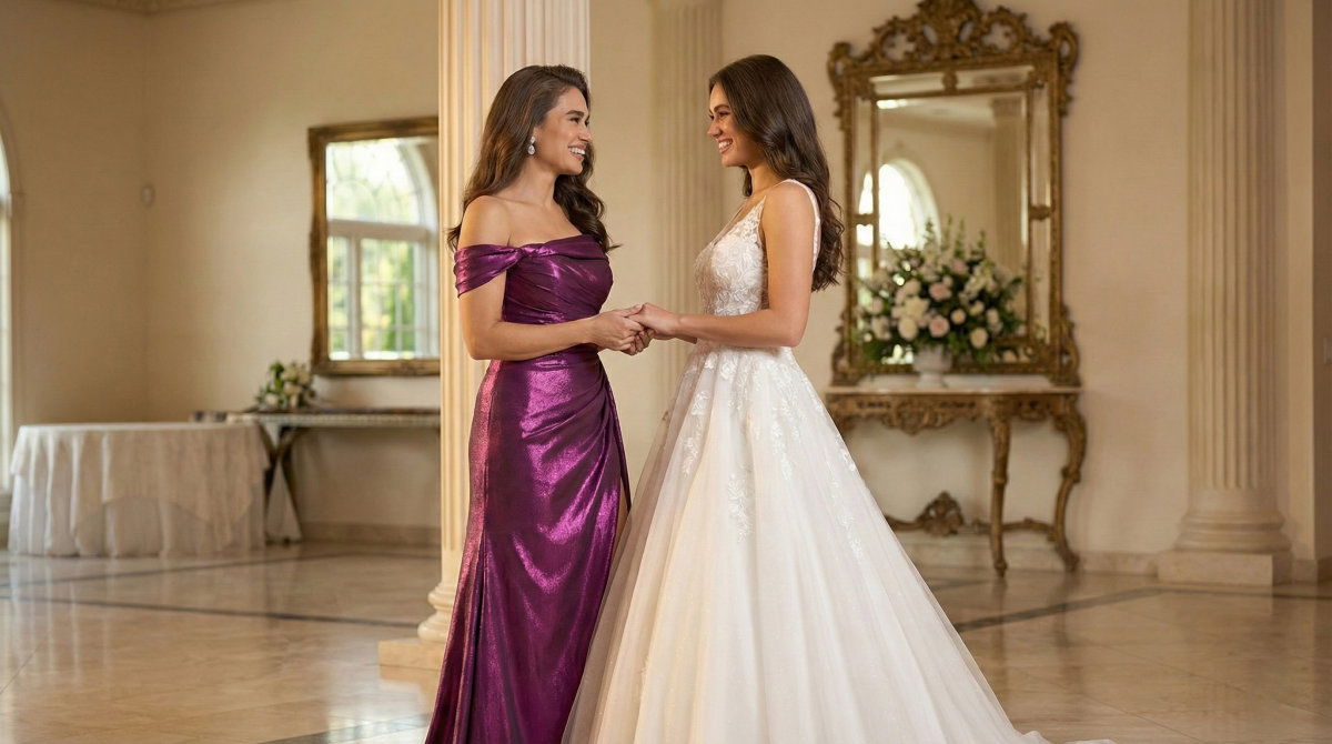 Mother of the bride in a metallic purple gown smiling with the bride.