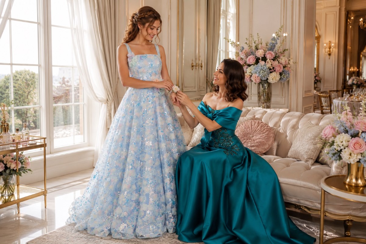 Mother daughter coordinated blue formal gowns