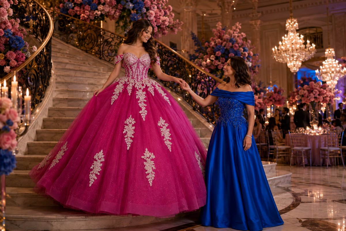 Mother and daughter coordinated Sweet 16 gowns