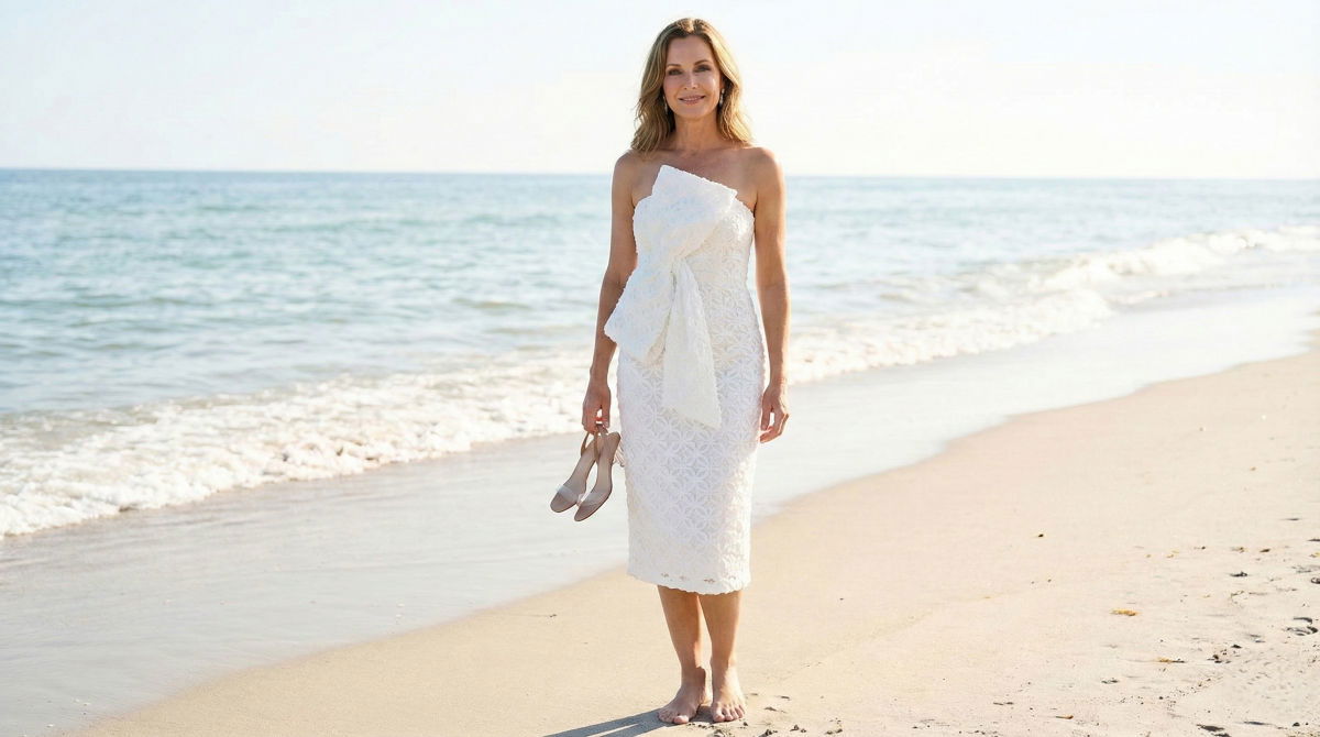 Mother of the bride wearing a white, textured strapless midi dress with a large bow detail on the sand.