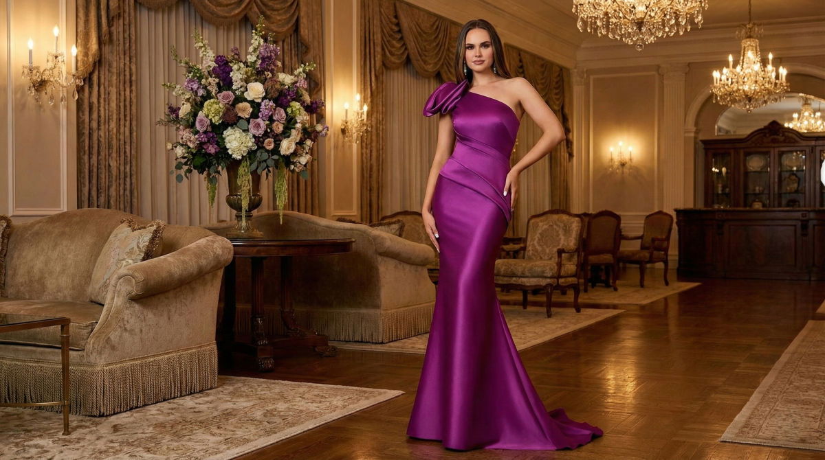 Elegant mother of the bride in a purple satin evening gown.