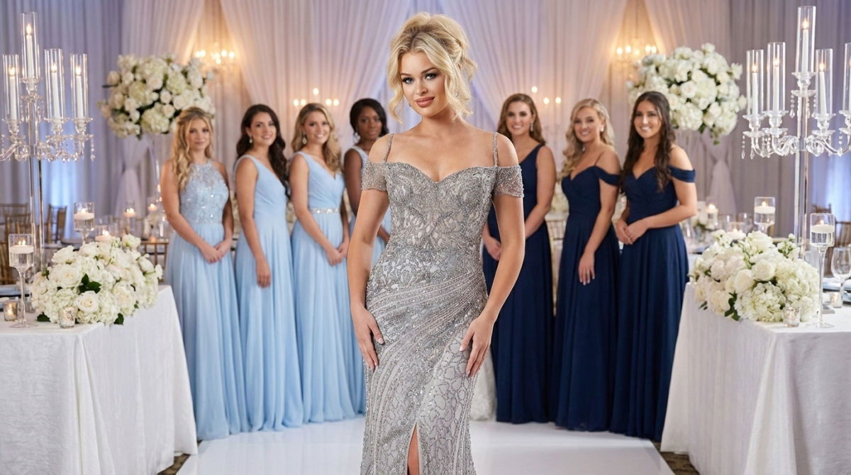 Mother of the bride in silver gown coordinating with bridesmaids in background.