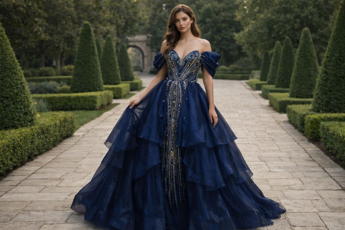 Navy embellished ball gown