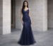 Navy mermaid gown with lace bodice and defined waist