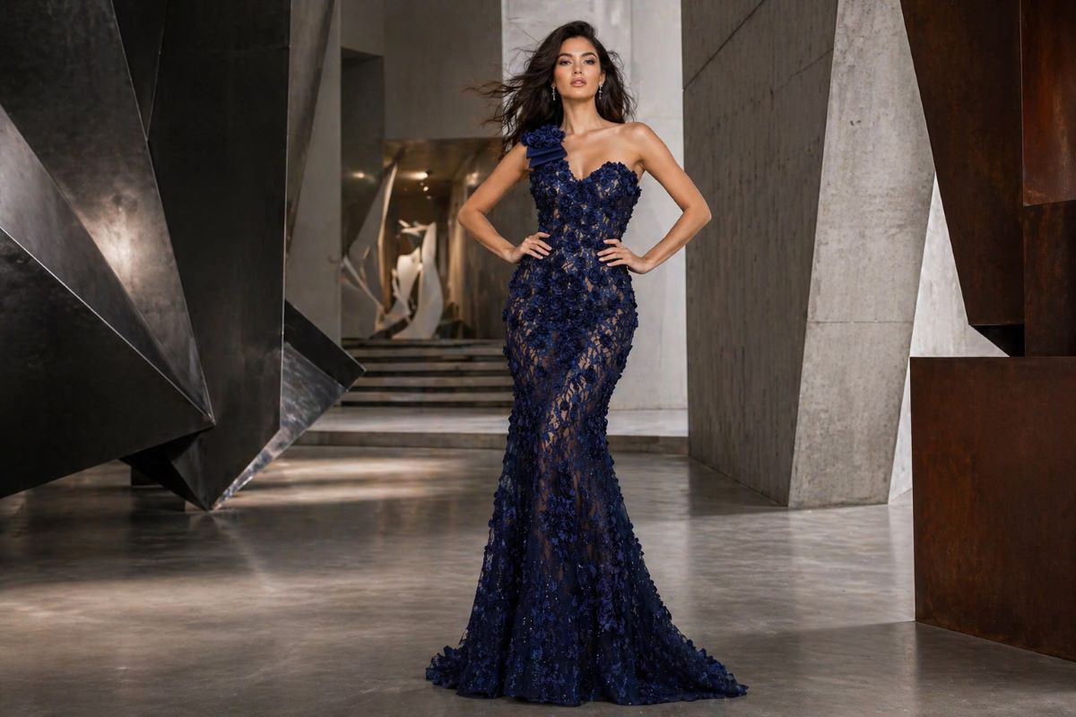 navy one shoulder fitted evening gown with floral texture