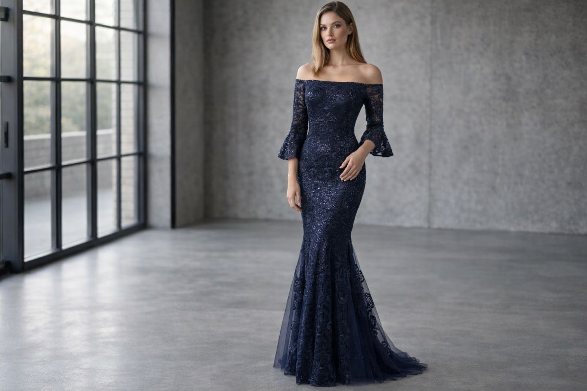 Off shoulder navy lace mermaid gown