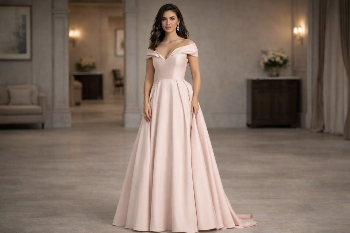 Off shoulder A line evening gown