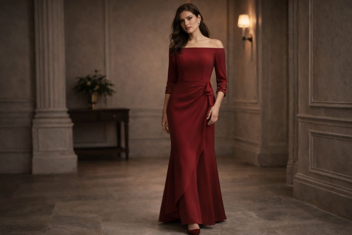 Off shoulder evening dress with beaded sleeves