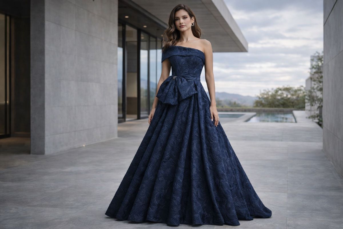 Off shoulder jacquard evening ball gown