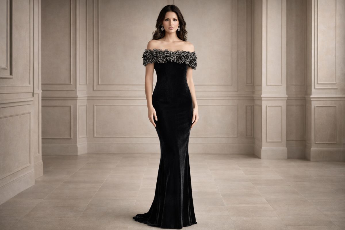 Off shoulder velvet evening gown with embellished neckline