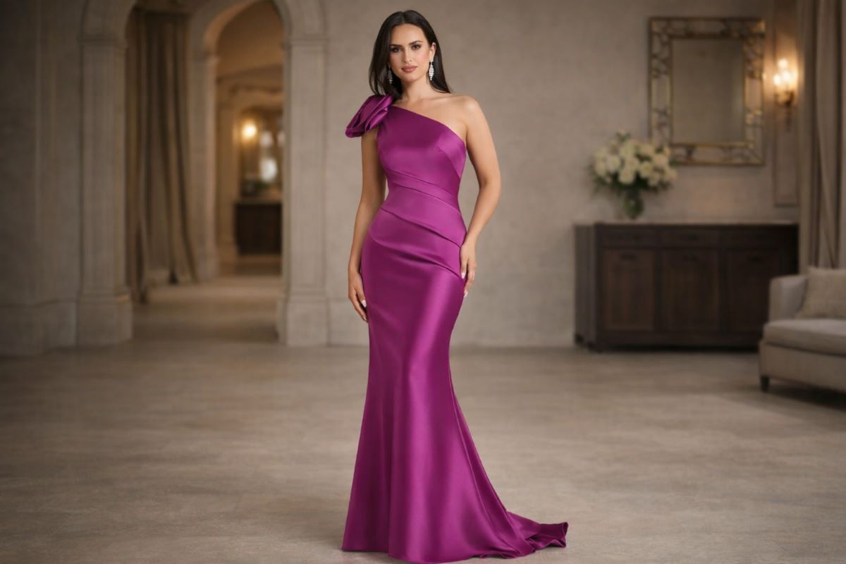 One shoulder fitted evening gown
