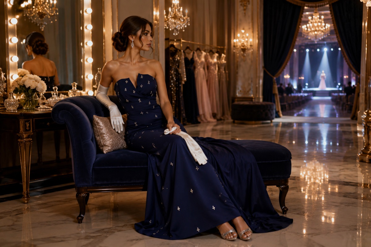 Pageant contestant preparing opera gloves with navy evening gown