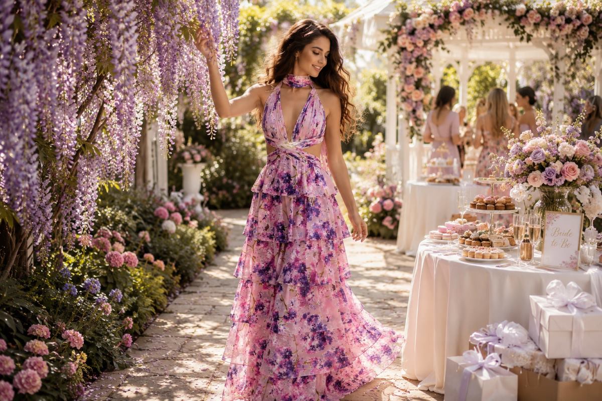 Pink floral bridal shower maxi dress