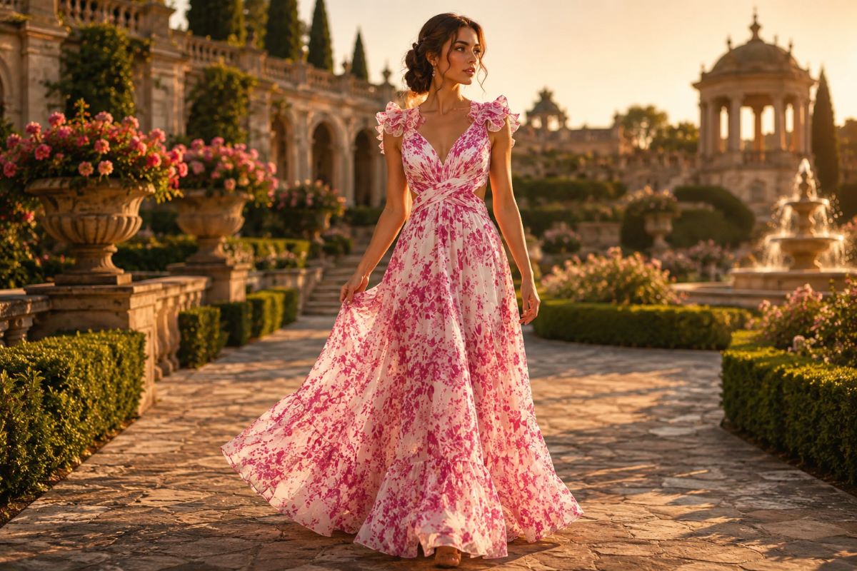 Pink floral chiffon prom gown with flowing romantic movement