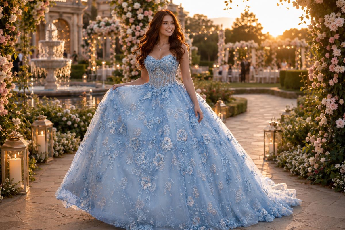 Powder blue Sweet 16 floral gown