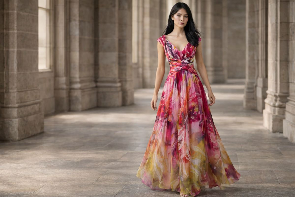 Printed V neck A line evening gown