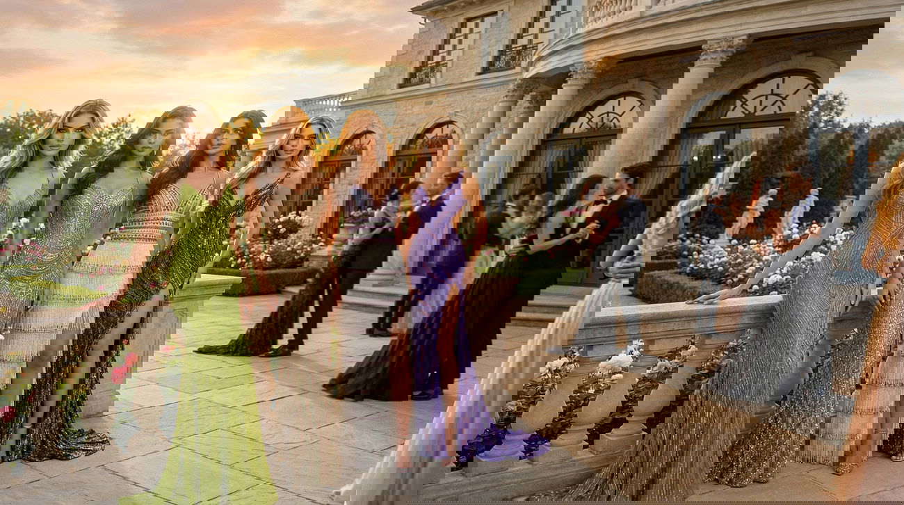 Prom couples and friends posing in elegant evening gowns at a formal outdoor event