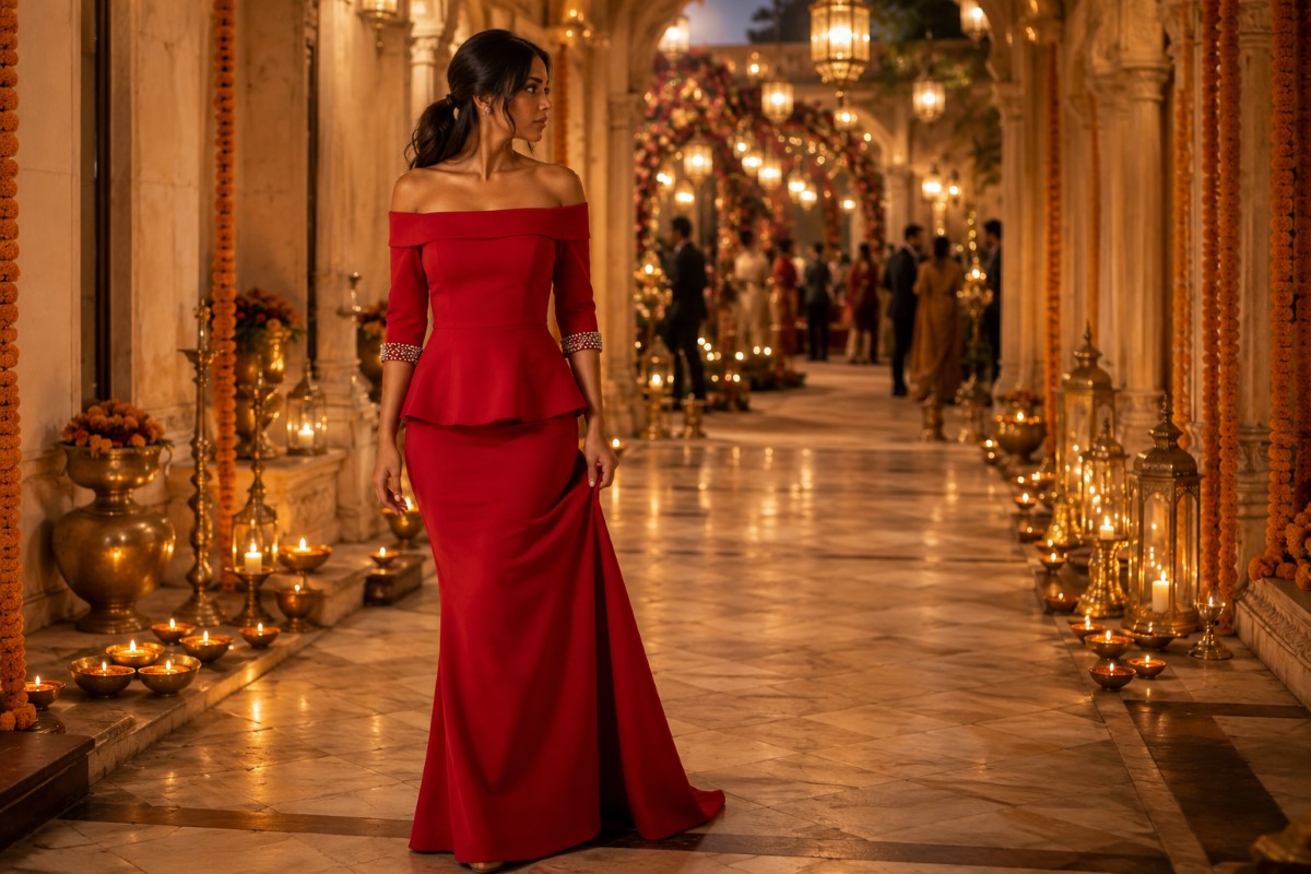 Red evening gown at Diwali celebration