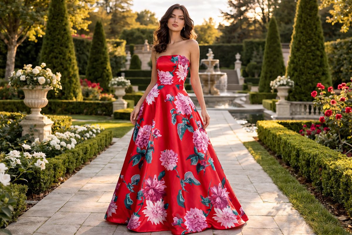 Strapless red floral A line satin gown