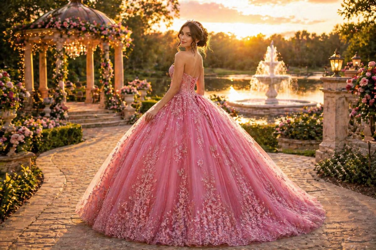 rose pink quinceaƱera ball gown with tulle skirt and floral appliquƩ