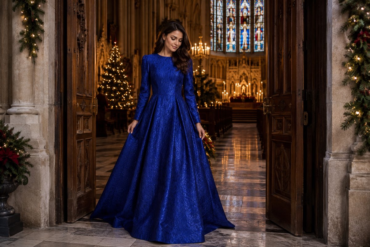 Royal blue church service gown entrance
