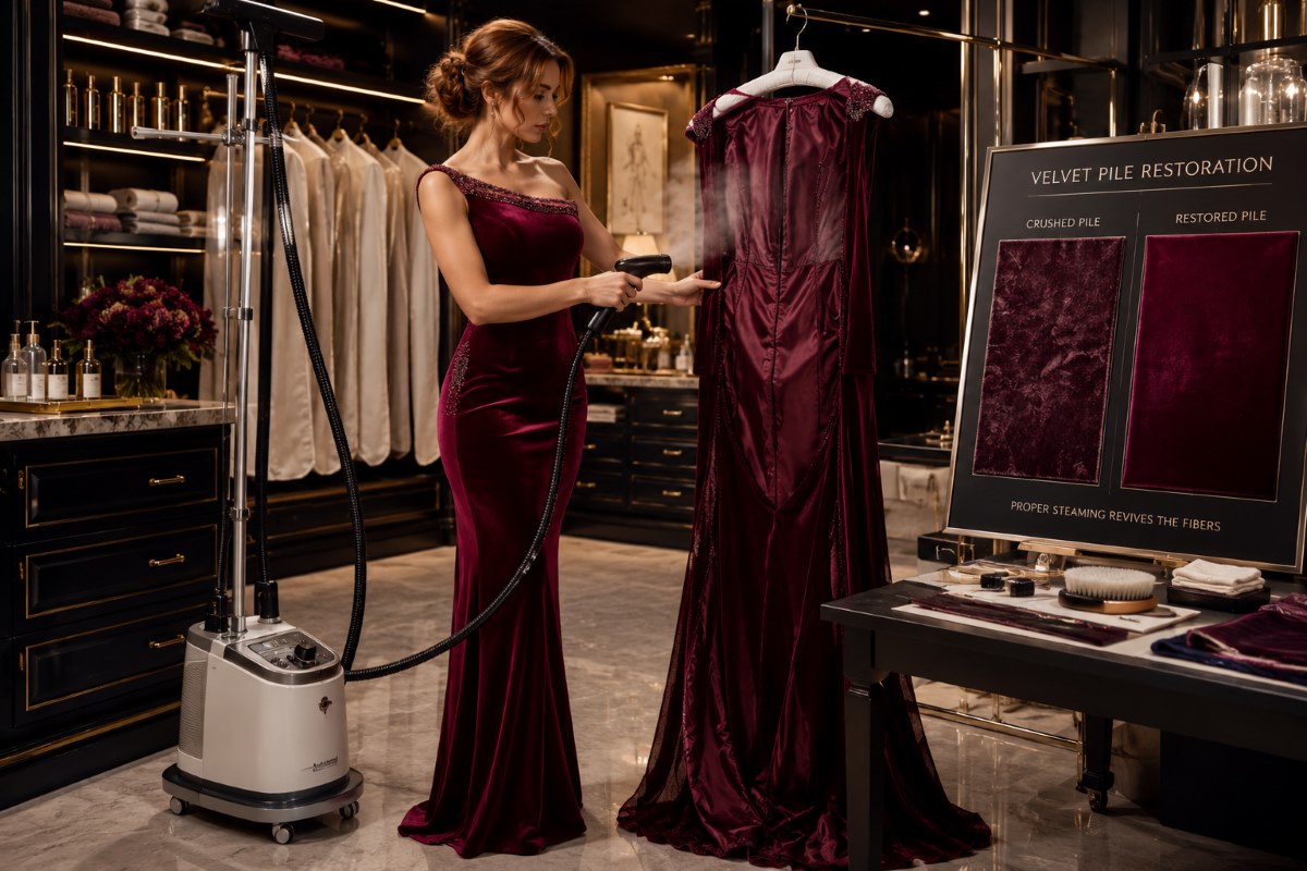 Ruby velvet gown steaming pile restoration