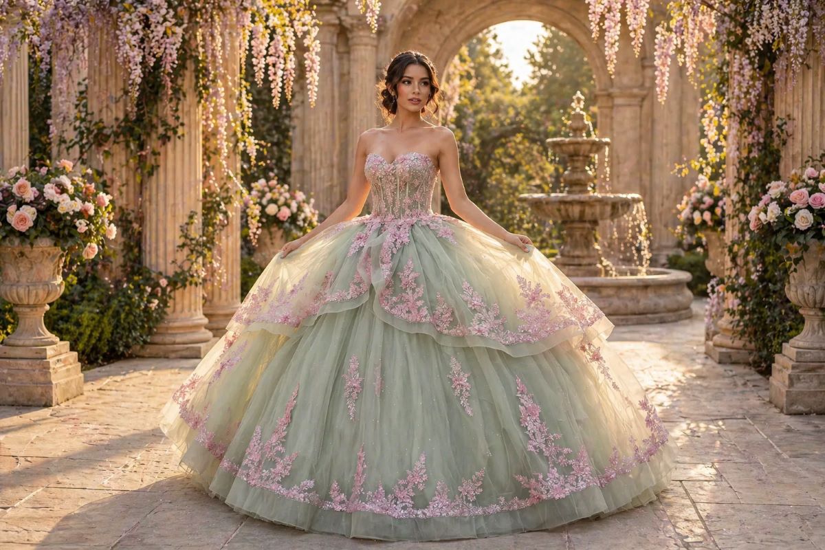 sage green quinceaƱera ball gown with pink floral appliquƩ and layered tulle skirt