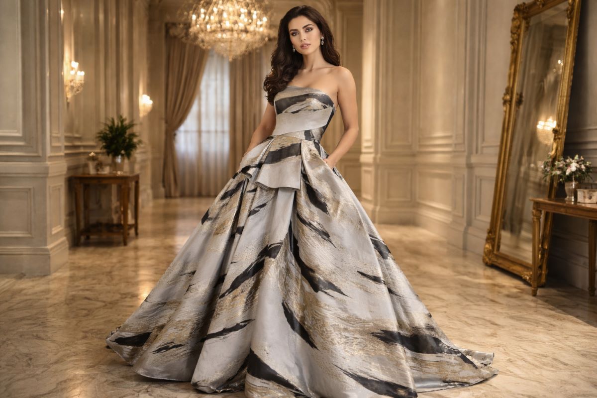 Strapless printed ball gown with defined waist