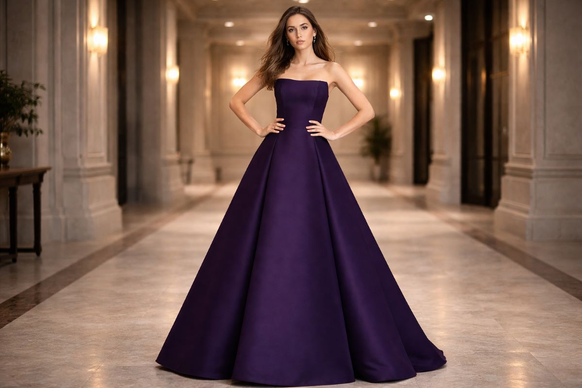 Structured strapless evening ball gown silhouette