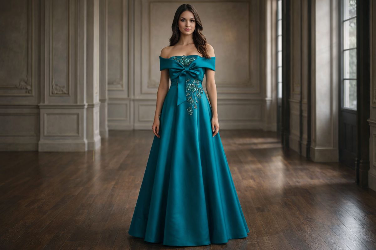 Teal off shoulder A line satin gown