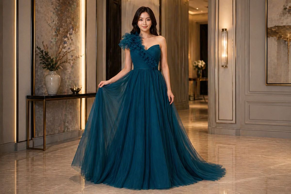 Teal one-shoulder tulle A-line evening gown with ruffled bodice detail