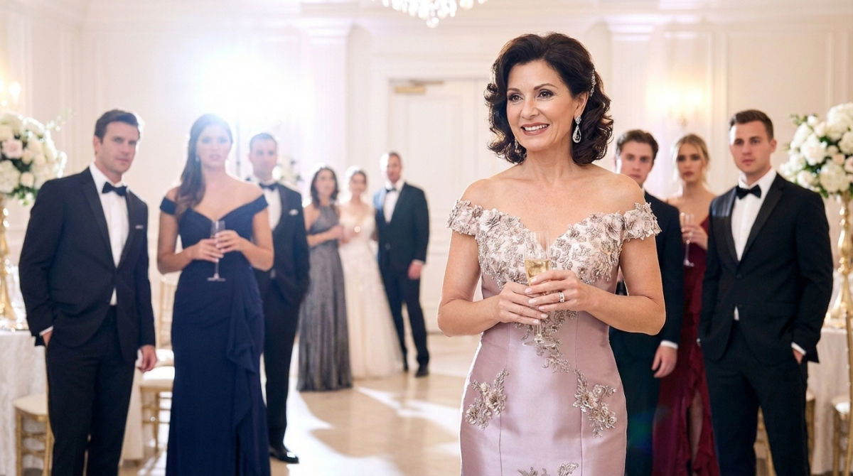 Elegant mother of the bride wearing an embroidered mauve evening gown at a wedding reception.