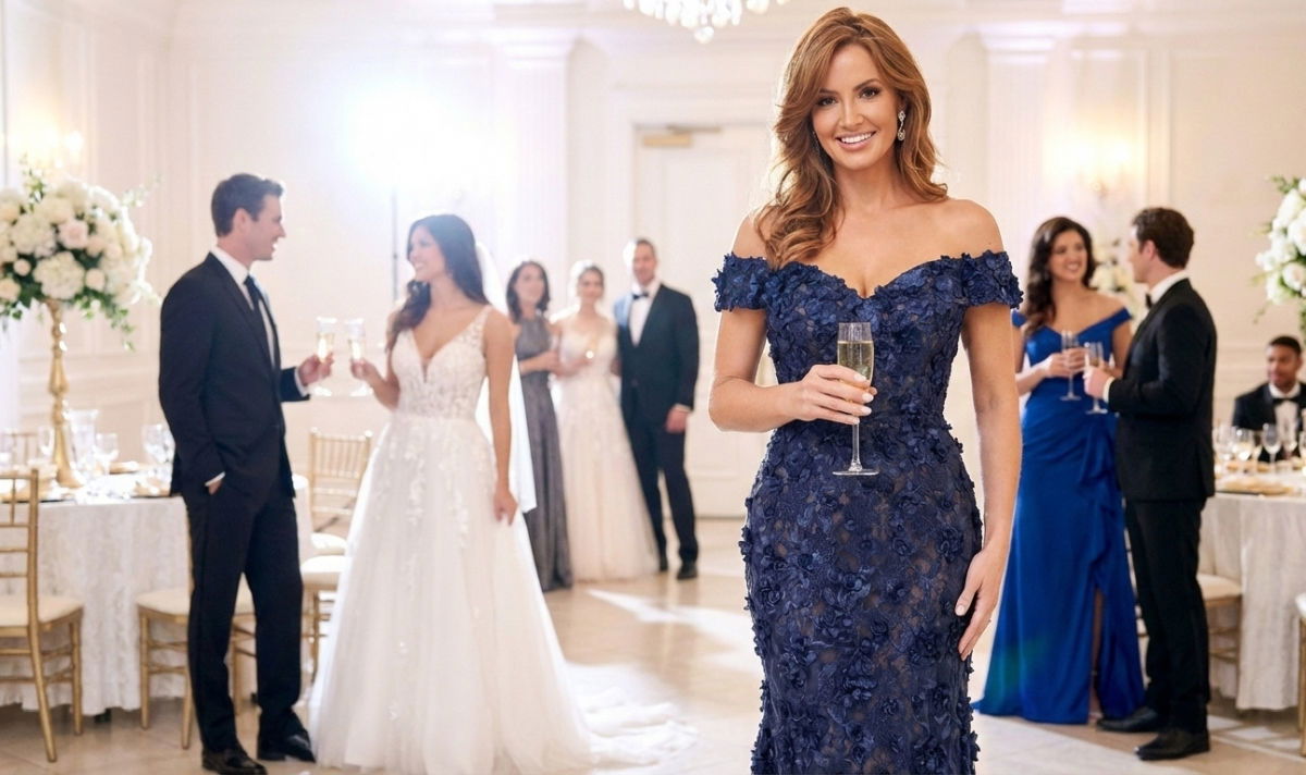 Stylish mother of the bride posing in a textured navy blue floral applique gown.