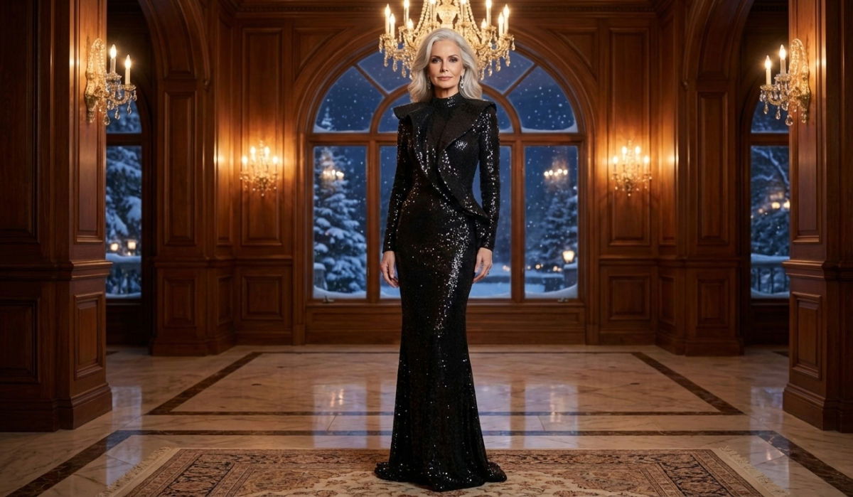 Sophisticated mother of the bride with silver hair wearing a structured black sequin gown in a luxurious winter venue foyer